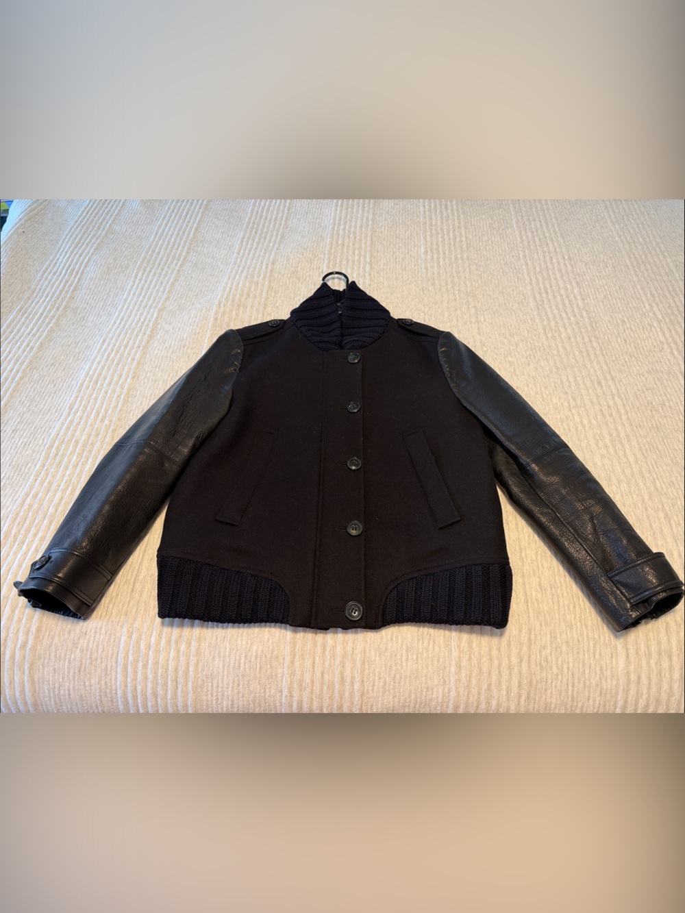 Burberry Black Bomber Jacket with Leather Sleeves